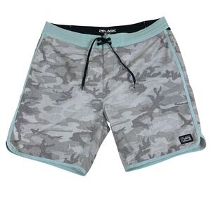 Pelagic Fish Camo Board Shorts Mens 38 Gray Mint Green Trim Fishing Swim Trunks